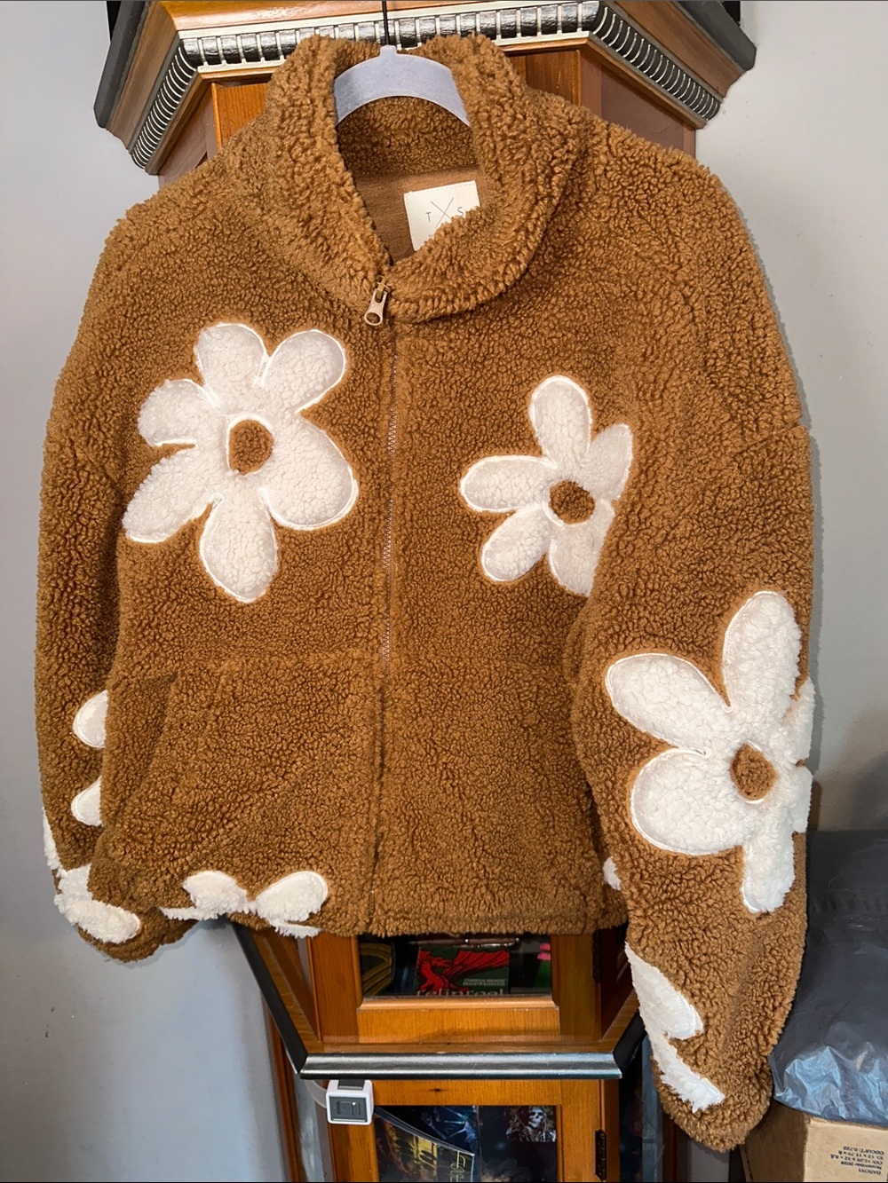 Thread & Supply Brown Sherpa Puffer Jacket with White Floral Appliqués